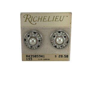 Vintage Richelieu Clip-On Earrings Pearl Rhinestone Silver Tone Button Style